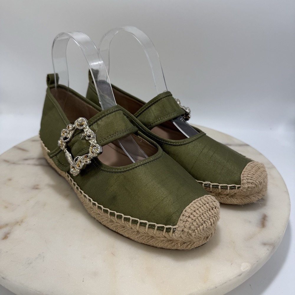 Sam Edelman Maddy Green Espadrille Mary Jane Silky Upper Ornate Buckle Flats 7